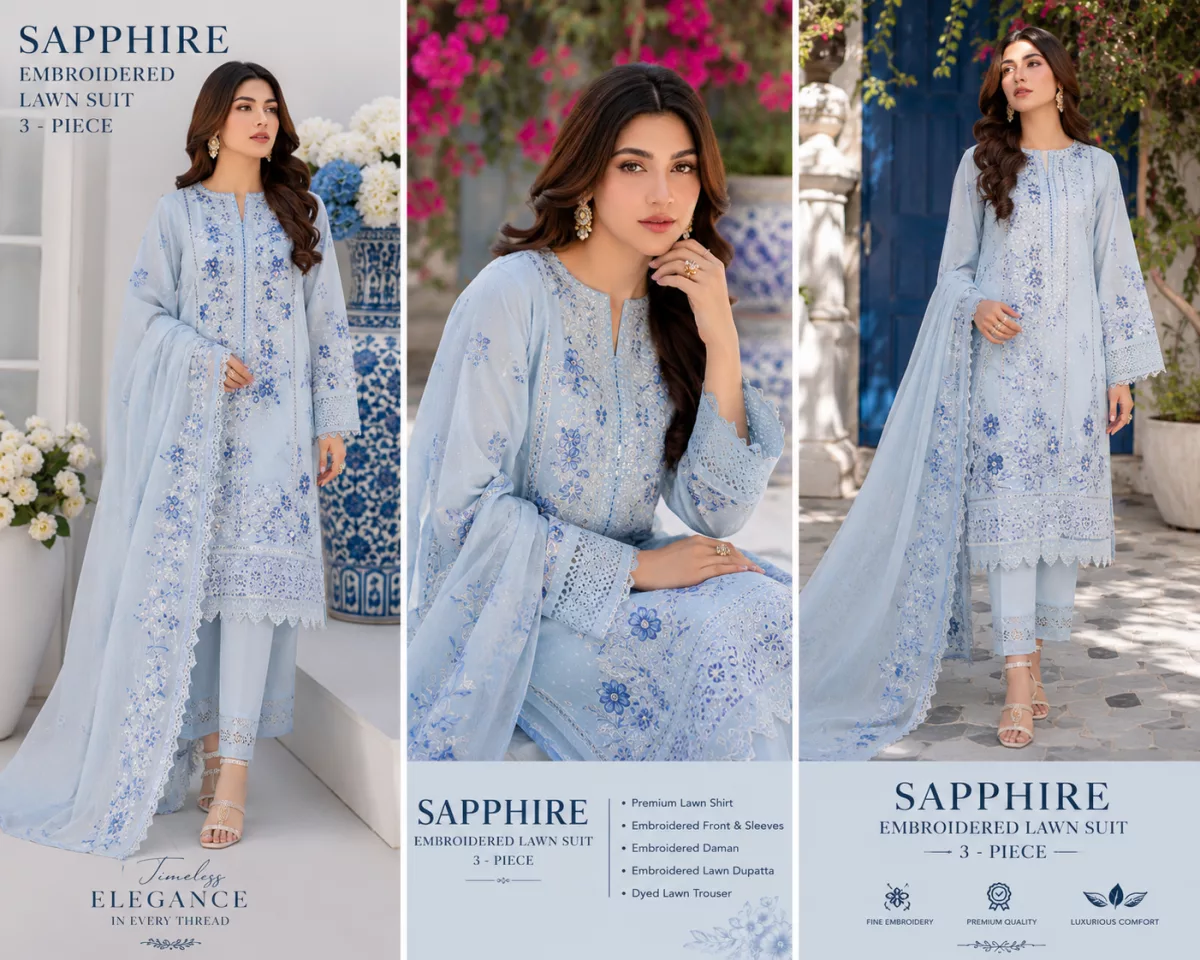 Sapphire 3-Piece Lawn Suit - Embroidered